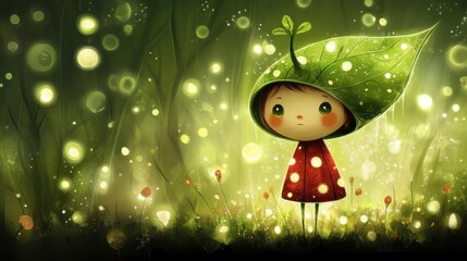 A small, whimsical girl, wearing a leaf hat and a red cloak, stands in a glowing forest.  Soft light and bokeh effects surround her