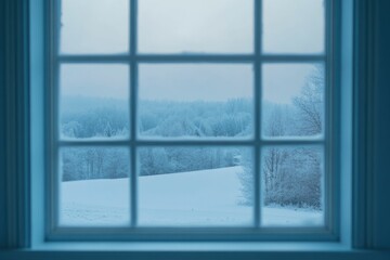 Fototapeta premium A serene winter landscape viewed through a window pane, showcasing snow-covered trees and fields.