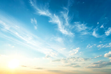 Fototapeta premium Clear blue spring sky with gentle golden sunlight haze