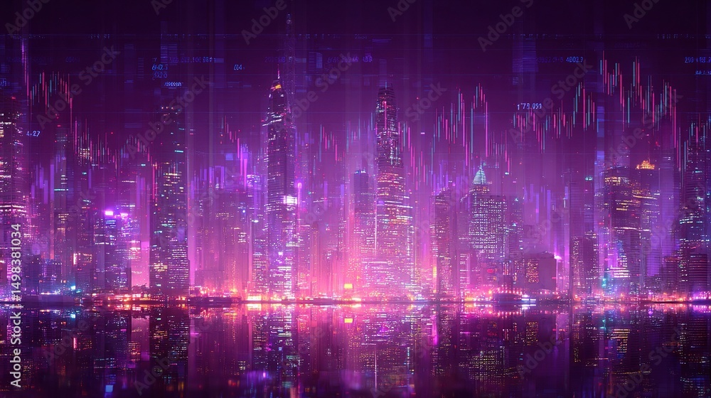 Poster digital cityscape with layered forex and stock graphs visualization