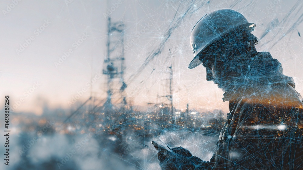 Aufkleber telecommunications engineer with mobile device in network environment