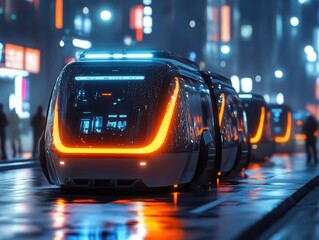 A wideangle view of autonomous shuttles on urban roads, Transport, Futuristic and innovative