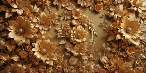 Luxurious golden floral backdrop with ornate blooms and leaves ,  ornate,  golden leaves
