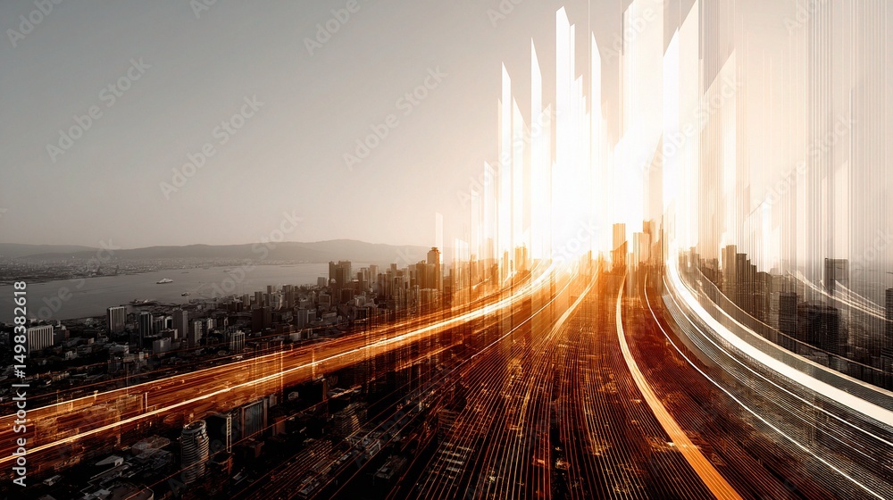 Poster abstract data visualization with flowing lines and city skyline