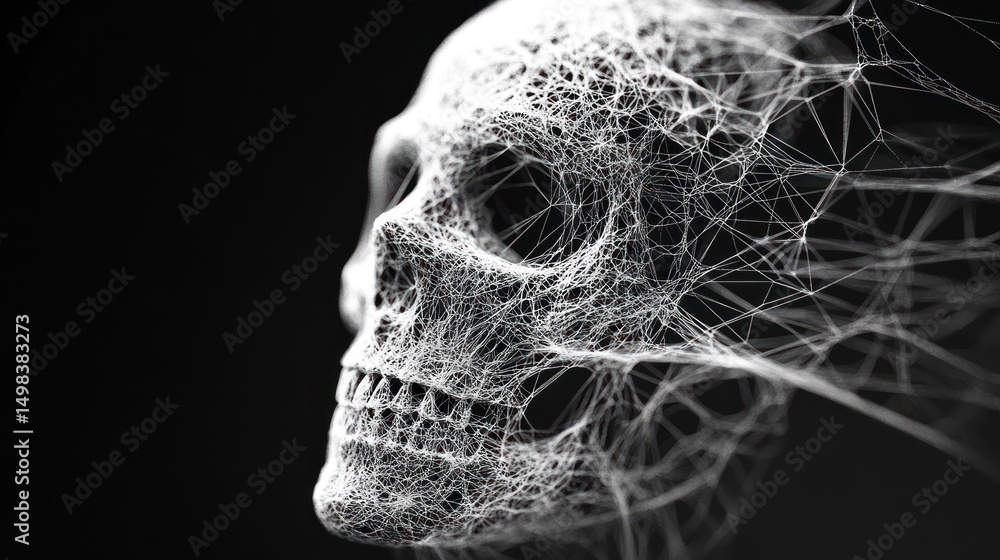 Poster abstract depiction of a human skull composed of interconnected lines and points