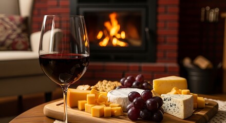 Red wine and cheese, a gourmet snack or appetizer on a table with fruit and bread