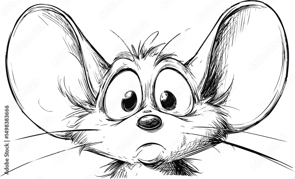 Poster wide-eyed cartoon mouse sketch with large ears and expressive features. vector illustration