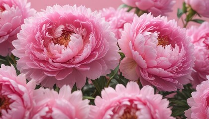 Close-up of densely packed pink peonies against a soft pink backdrop , petals, floral background