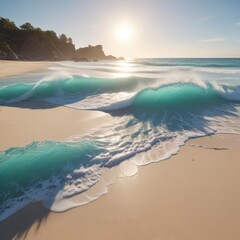 Rolling turquoise waves crash on a pristine sandy beach, sunlight sparkling on the crests , design, graphic, shore