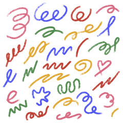 Grunge chalk textured bold wavy lines set. Brush stroke squiggly symbols. Pencil charcoal freehand swirl underline. Scribble curve loop sketch. Doodle hand drawn swish isolated vector illustration