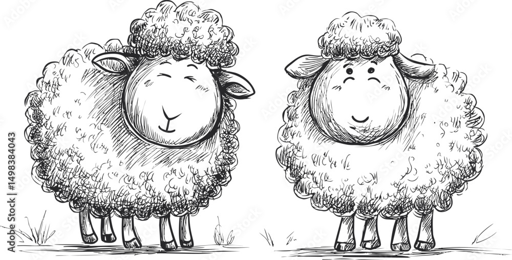 Poster adorable sketch of two fluffy sheep with smiling faces in black and white. vector illustration