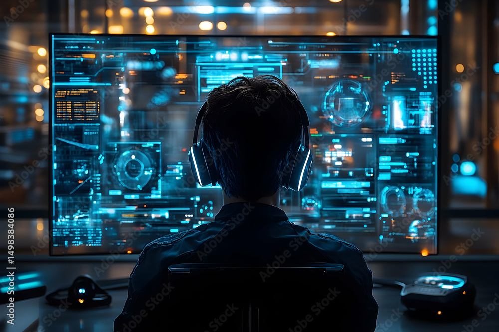 Poster person focused on a computer screen displaying complex data.