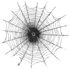 Obraz premium Intricate spider web with dewdrops on a white background, black and white illustration. Vector illustration