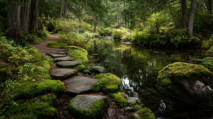 Creek Path with Green Moss and Wooden Stepping Stones