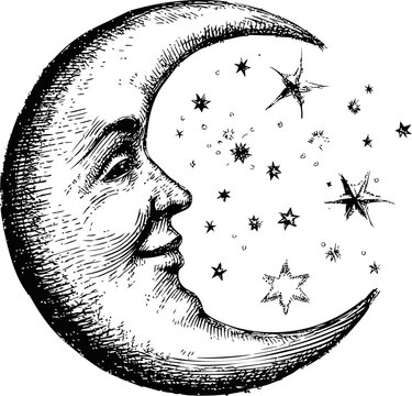 Smiling crescent moon with stars in a vintage illustration style. Vector illustration