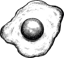 Black and white sketch of a fried egg with detailed texture, food illustration. Vector illustration
