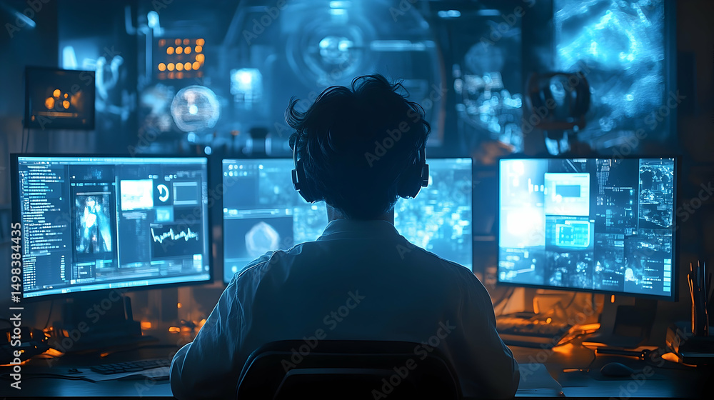 Poster person working at a computer station with multiple monitors.