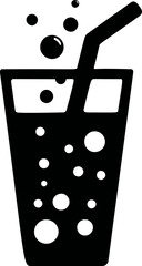 Black silhouette of drink with straw and bubbles in glass icon style. Vector illustration