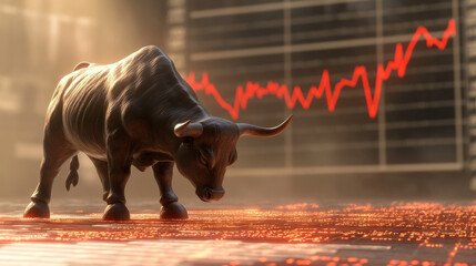 A bull statue facing a declining stock market graph symbolizes financial loss and economic downturns. AI generative
