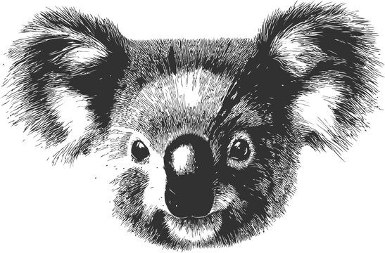 Black and white illustration of a detailed koala face sketch, artistic drawing. Vector illustration