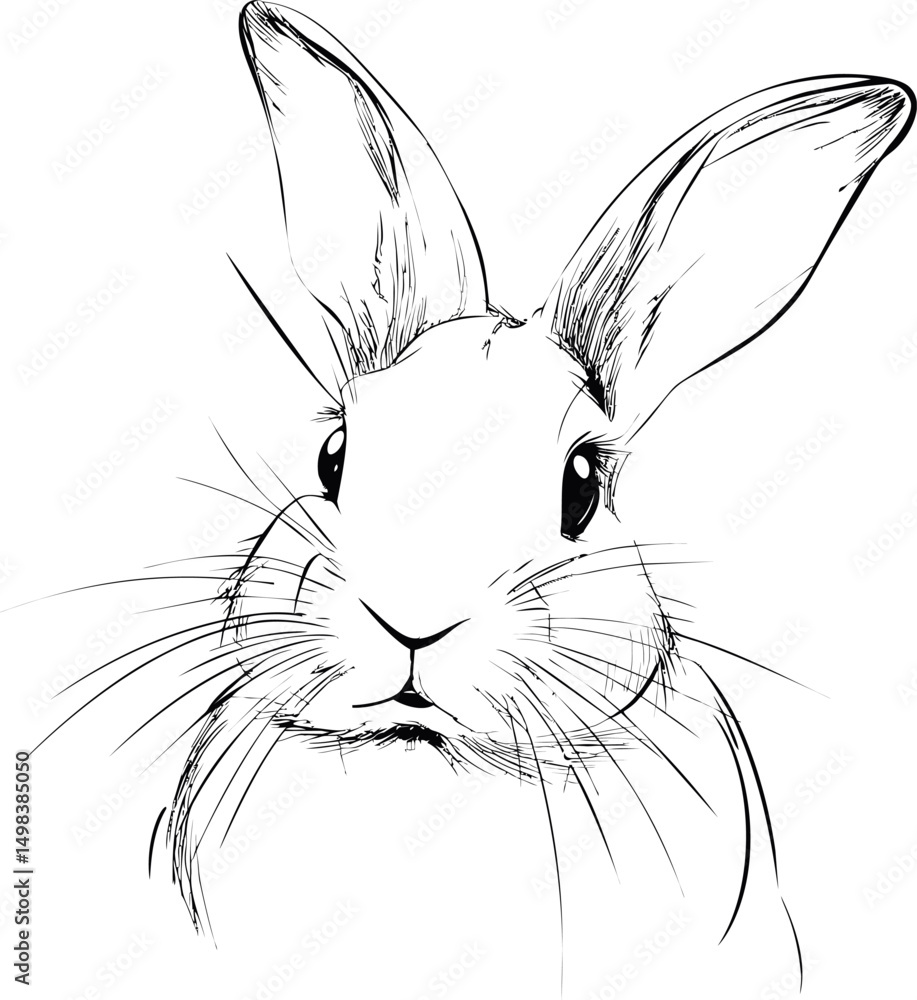 Poster black and white sketch of a rabbit with large ears and curious expression. vector illustration