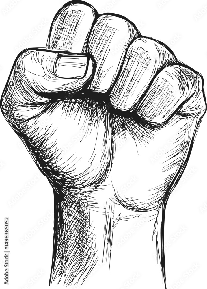 Poster black and white sketch of a clenched fist showing power and solidarity. vector illustration