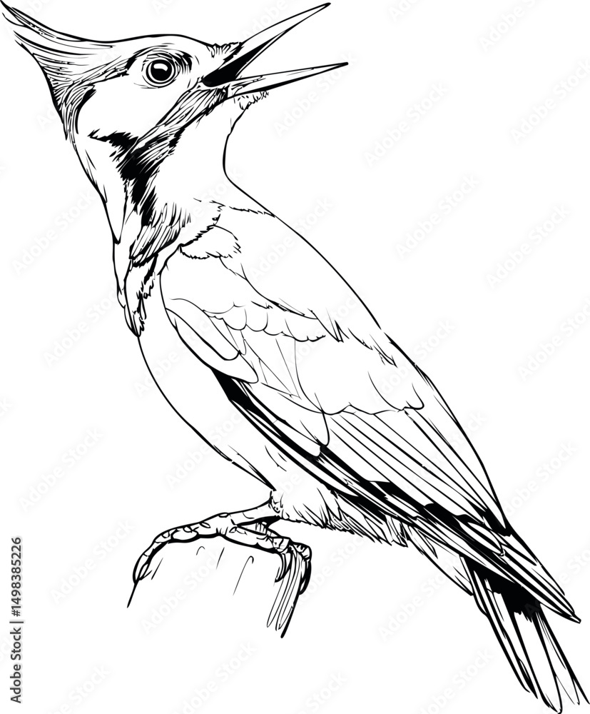 Poster Line art of a woodpecker perched on a branch with a crest and open beak. Vector illustration