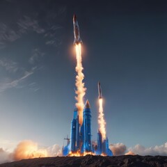 Rocket launch from rising blue graph, fiery blast, upward trajectory,  technology,  space