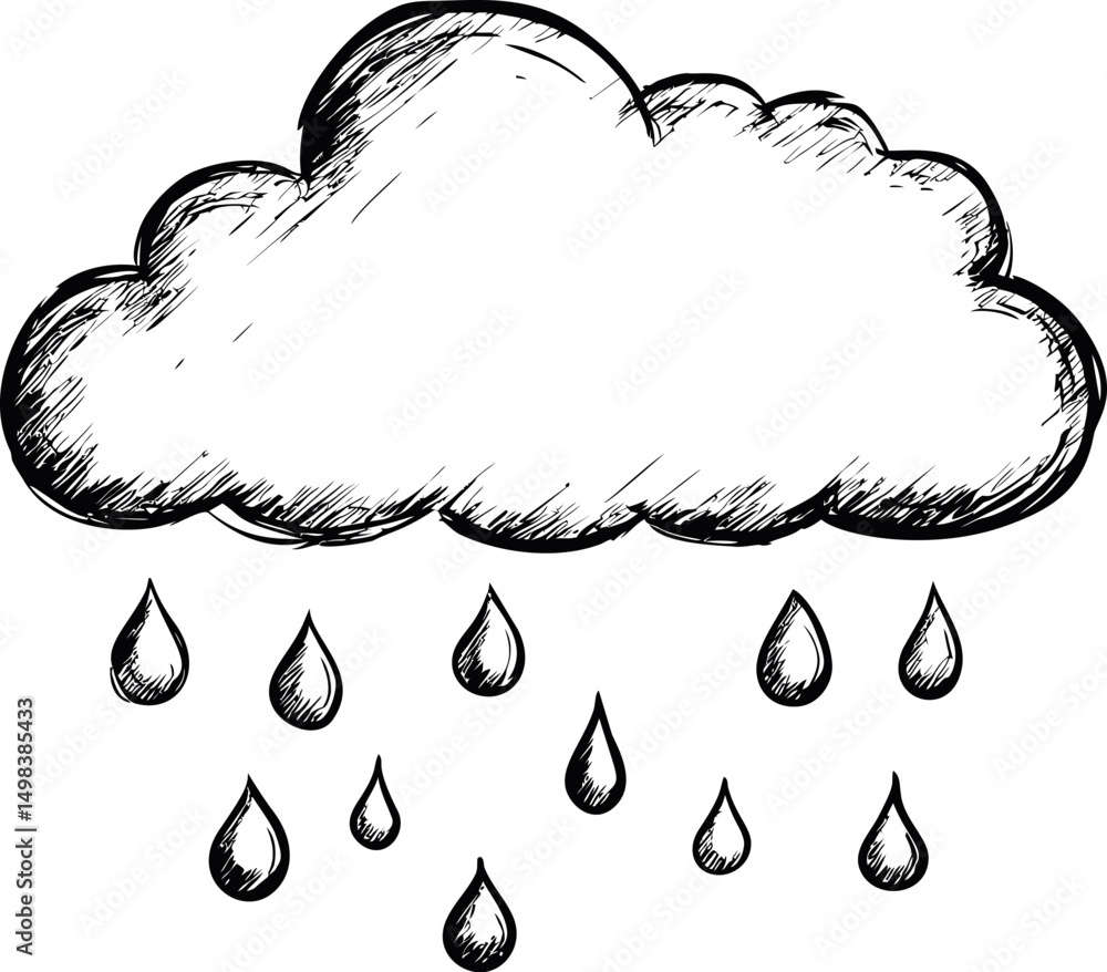 Aufkleber sketch of a cloud with falling raindrops in monochrome illustration style. vector illustration