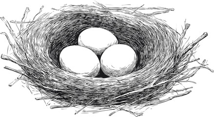 Detailed black and white drawing of a bird's nest with three eggs, intricate design. Vector illustration