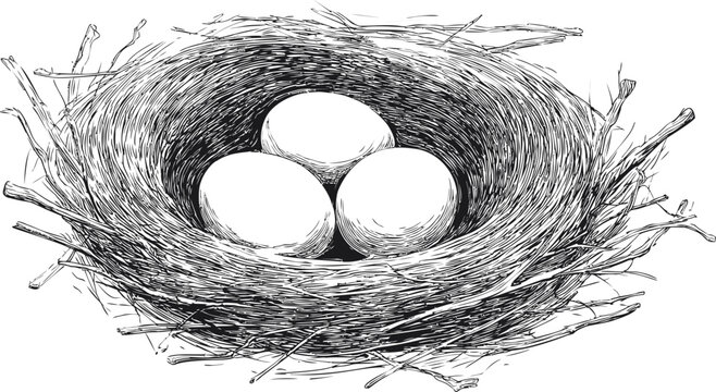 Detailed black and white drawing of a bird's nest with three eggs, intricate design. Vector illustration