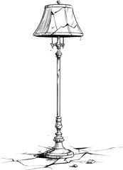 Obraz premium Intricate black and white illustration of a vintage floor lamp on cracked floor. Vector illustration