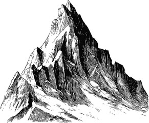 Black and white sketch of a majestic mountain with sharp peaks, detailed lines. Vector illustration
