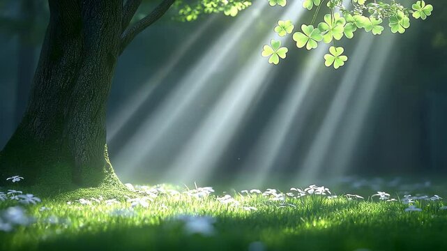 St patrick Concept, Sunlight Filters Through Leaves in Serene Forest Filled with Clovers and Flowers