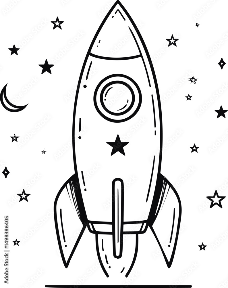Poster monochrome illustration of a rocket ship with stars and moon in outer space. vector illustration