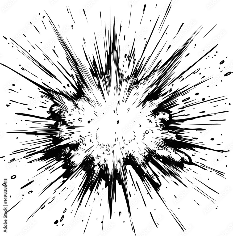 Poster Black and white explosion with dynamic energy lines and impact effect. Vector illustration