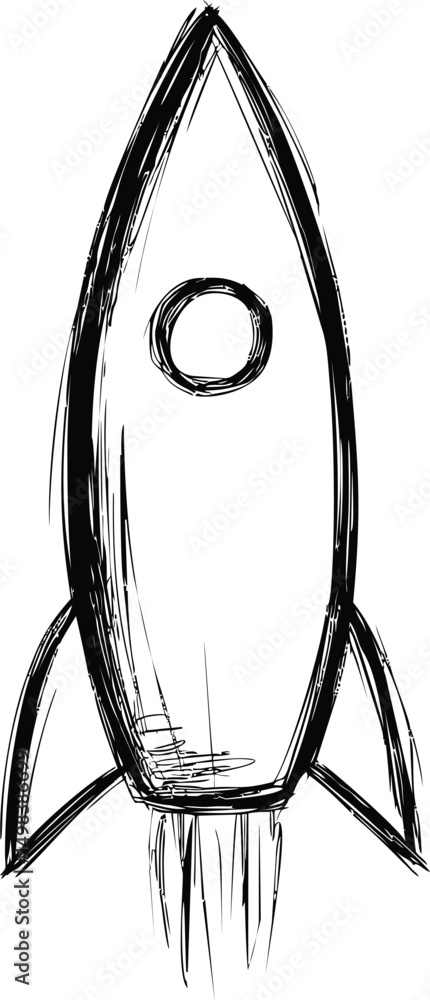 Poster sketch of a rocket ship with bold black lines and minimalist design. vector illustration