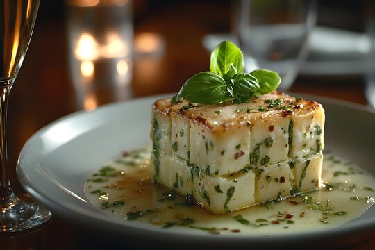 Elegant presentation of a gourmet meal featuring pan seared potato terrine with herbs and sauce