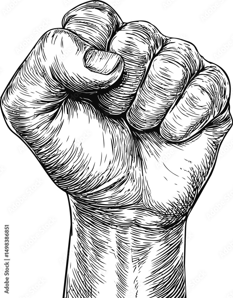 Poster clenched fist sketch in black ink on white background symbolizing strength. vector illustration