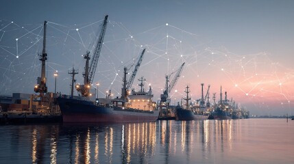 Naklejka premium Cargo Ships at Port with Supply Chain Network Visualization