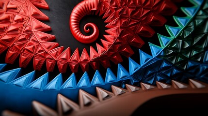 Abstract spiral design featuring vibrant red, blue, and green triangular shapes on a dark background