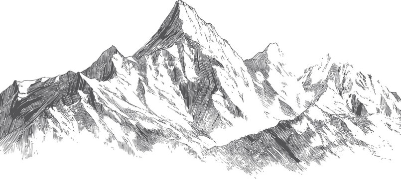 Monochrome hand-drawn mountain range sketch with detailed peaks illustration. Vector illustration