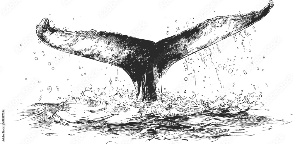 Aufkleber detailed black and white sketch of a whale tail splashing in ocean waves. vector illustration
