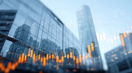 Obraz premium Financial Trend Analysis with Candlestick Overlay on Modern Office Facade
