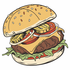 Juicy cheeseburger with sesame seed bun illustration