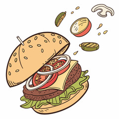 Delicious juicy burger with flying toppings