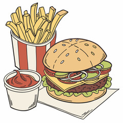 Delicious cheeseburger with fries and ketchup