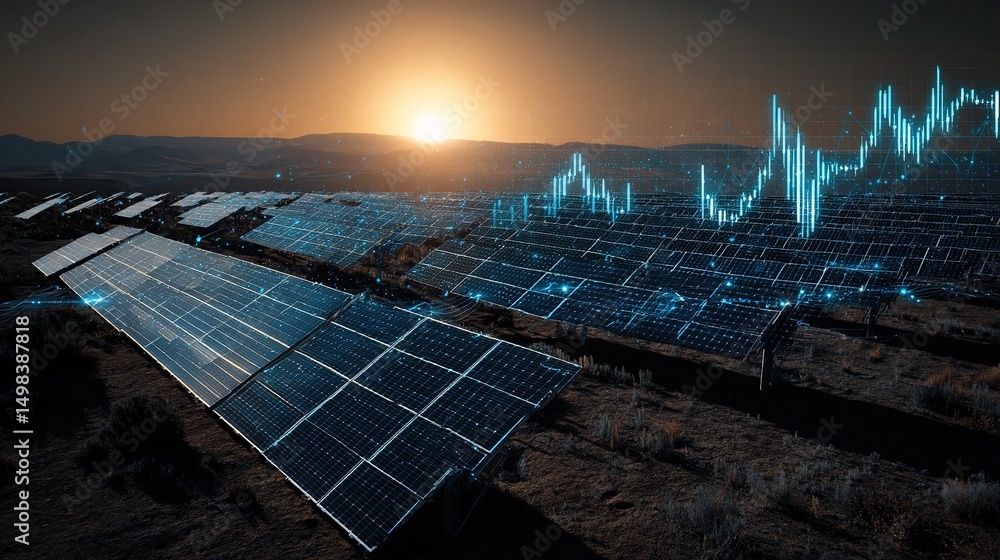 Poster aerial view of solar array with glowing network at sunset
