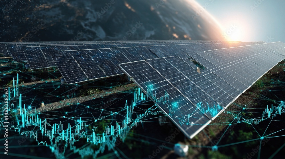 Poster aerial view of solar array with glowing network visualization