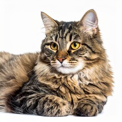 Naklejka premium Domestic Cat Resting with Gentle Gaze and Soft Fur Texture on Isolated White Background